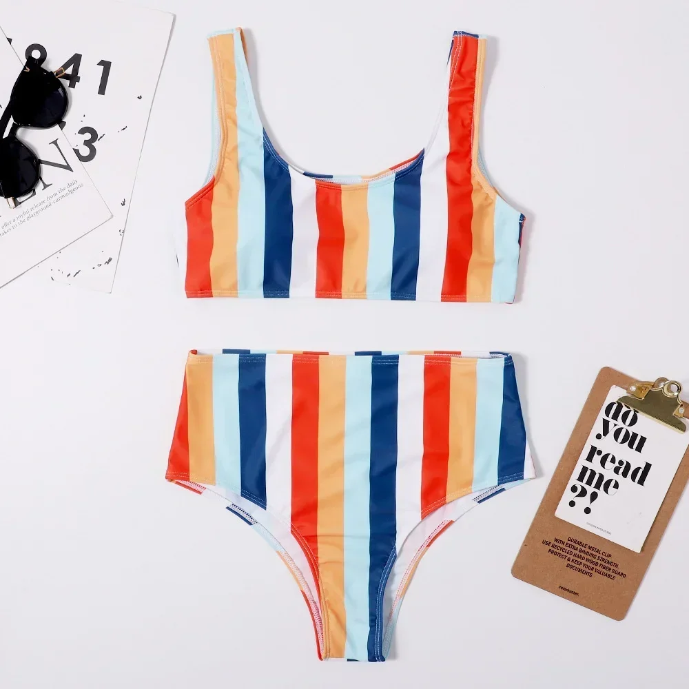 High Waist Striped Bikini Swimsuit Women Bikinis Sets Tankini Vintage Multicolor Y2K Swimwears Micro Biquini Beach Bathing Suits