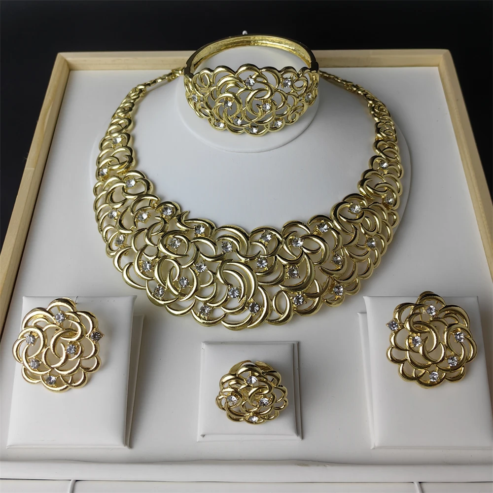 TITI Роскошный дизайн, комплект ювелирных изделий золотого цвета для женщин, качественное трендовое ожерелье в Дубае, серьги, браслет и кольцо, подарок на вечеринку