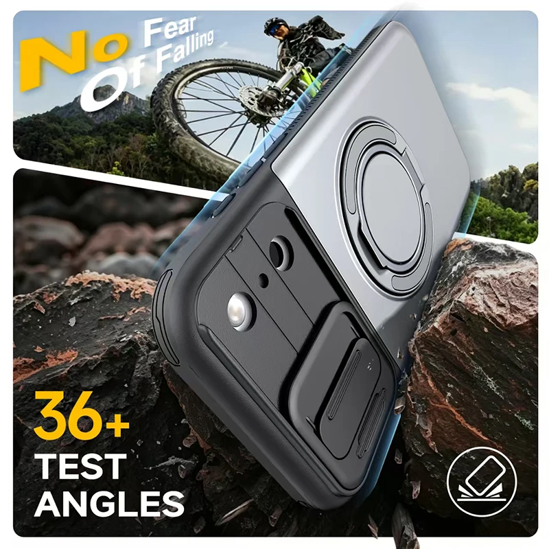 Funda para iPhone 18 Pro Max 13 14 15 16 17 con protección de lente E, ventana deslizante, placa trasera invisible, espacio para tarjetas y soporte giratorio