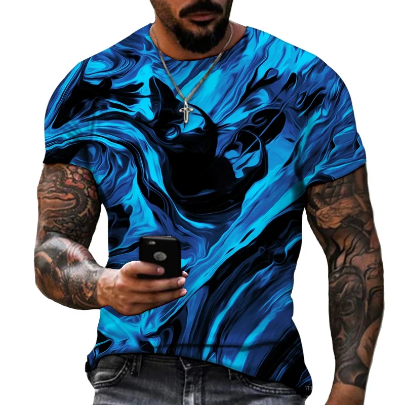 Blue And Black Color Mix And Match 3D Printing Men's Round Neck T-shirt Lycra Polyester Fabric Casual Brand Clothing Oversized