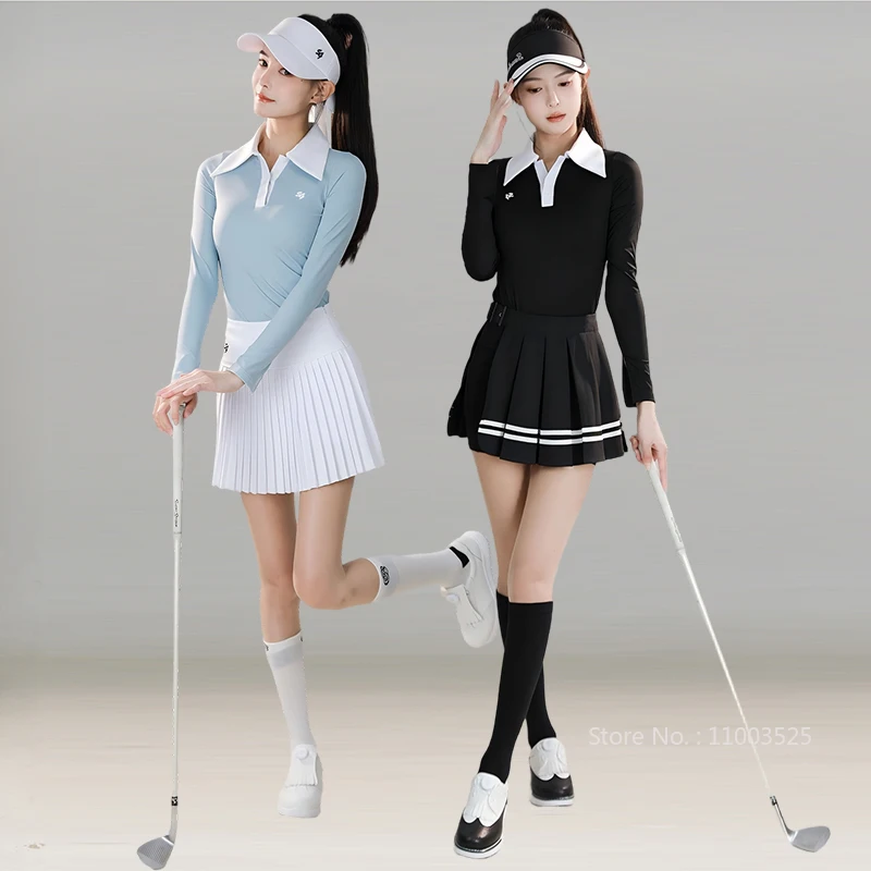 SG Golf Clothing Autumn Spring Women Long-sleeve T-shirt Fashion V-neck Polo Tops Ladies High Waist Golf Tennis Skirt Slim Skort