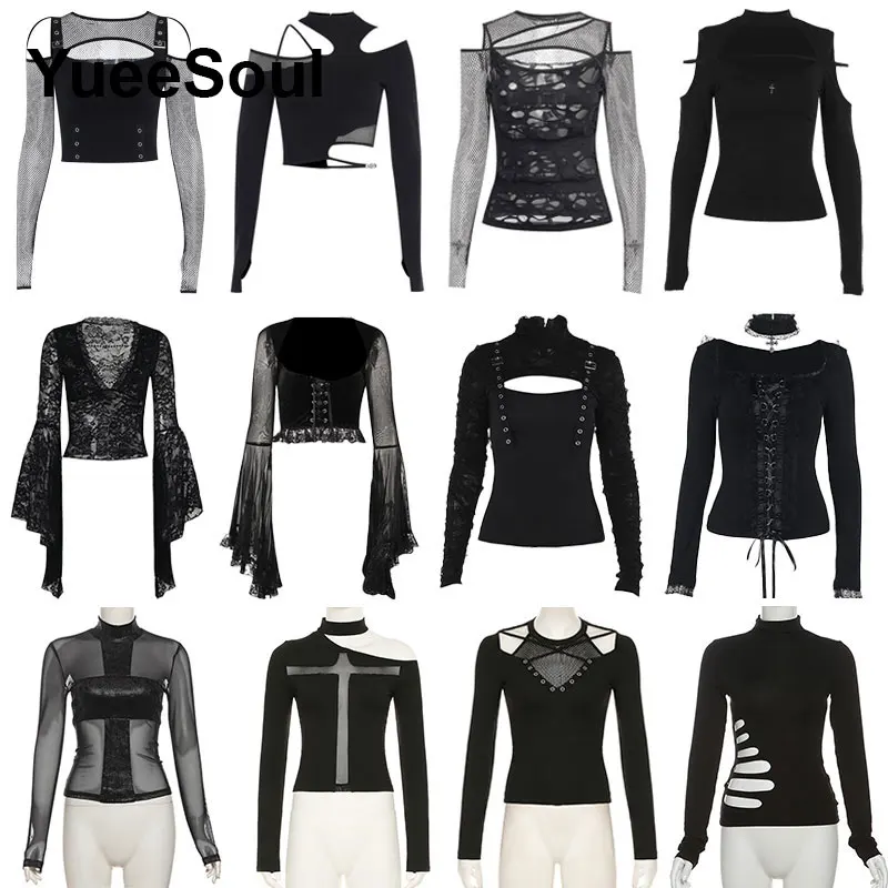 Gothic T-shirt Black Long Sleeveless Sexy Slim Tees 2026 New Goth Y2K Grunge Punk Lolita Elegant Sweet Halloween Woman Clothing