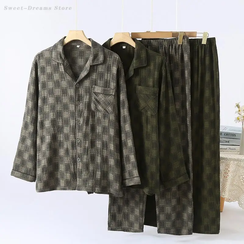 Spring Winter Cotton Pajamas Set Men's Sleepwear Home Clothes Plaid Long Sleeve Trouser Pijamas Suit Loose Casual Loungewear