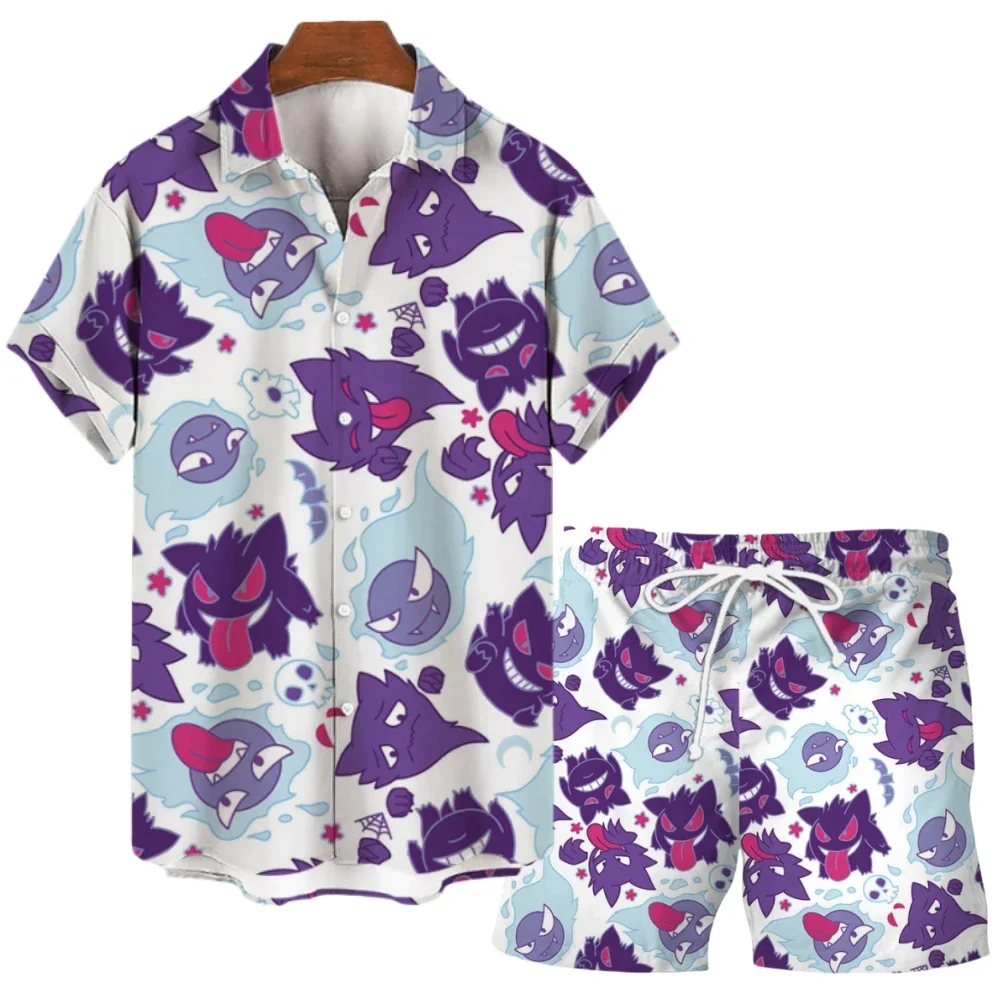 Anime Pokemon Psyduck Gengar Snorlax Floral Shirts Men Women Shorts Short Sleeves Button Couple Pajamas Set Trendy Beach Coat