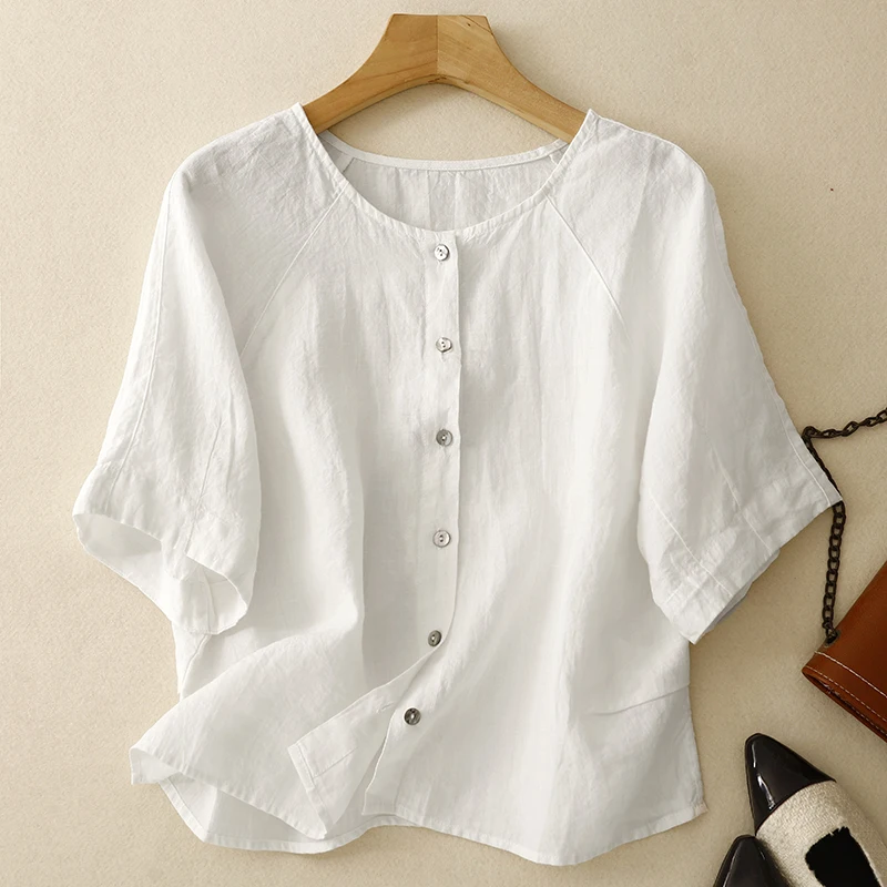 

New Arrival High-End Anti-Aging Large Size Artistic Flax round Neck Short Sleeve Shirt Women Summer Thin Style Short Trendy Top