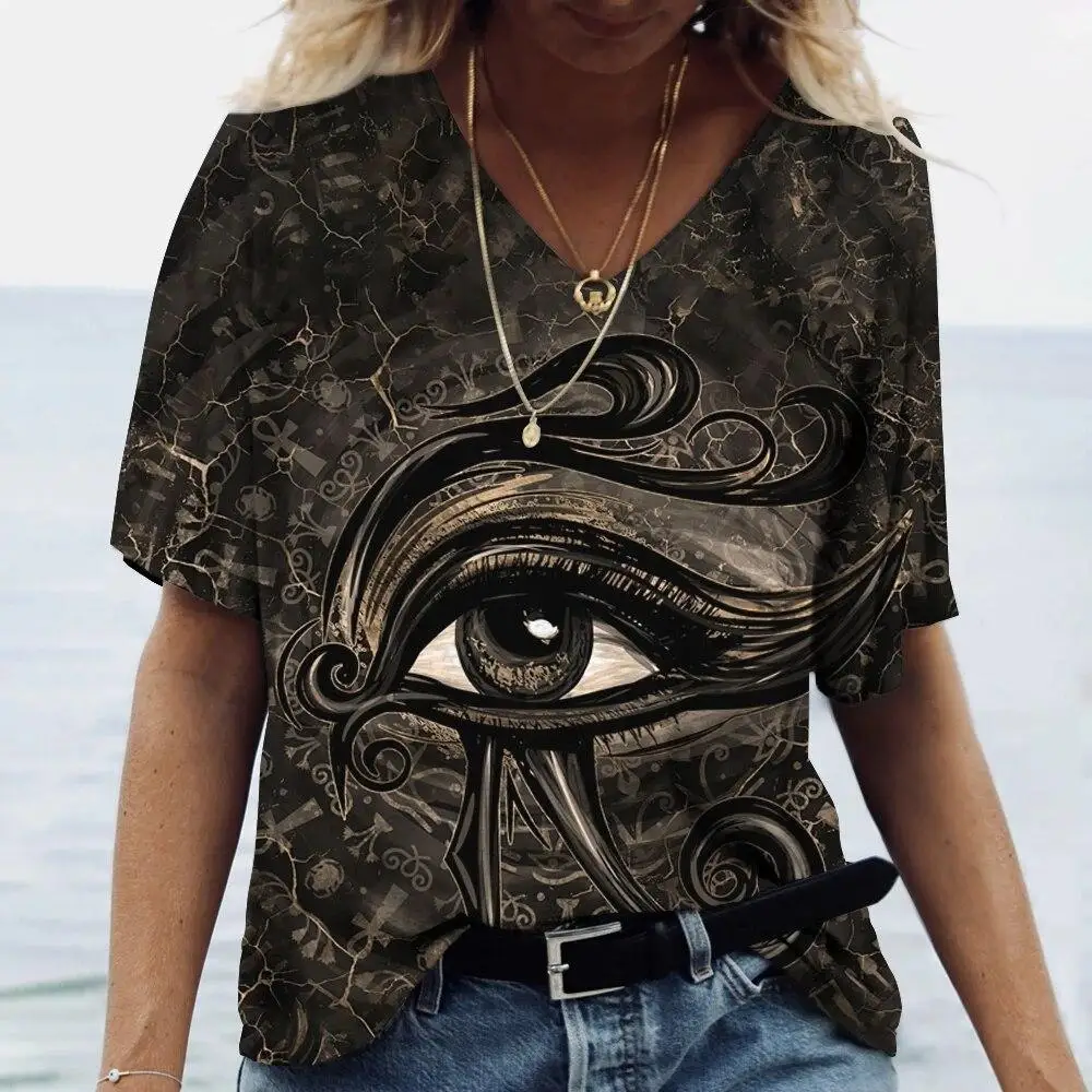 Ancient Egyptian Ethnic Costume 3D Print T-Shirts Women Casual V-Neck Short Sleeve T Shirt Y2K Tees Harajuku Top Female Clothing