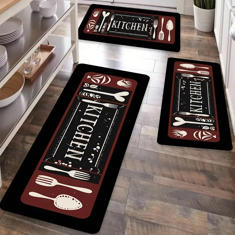 VIKAMA Cutlery Spice Kitchen Mat, Anti-Slip Absorbent Floor Carpet for Restaurant Home, Spoon Design Washable Rug Decor