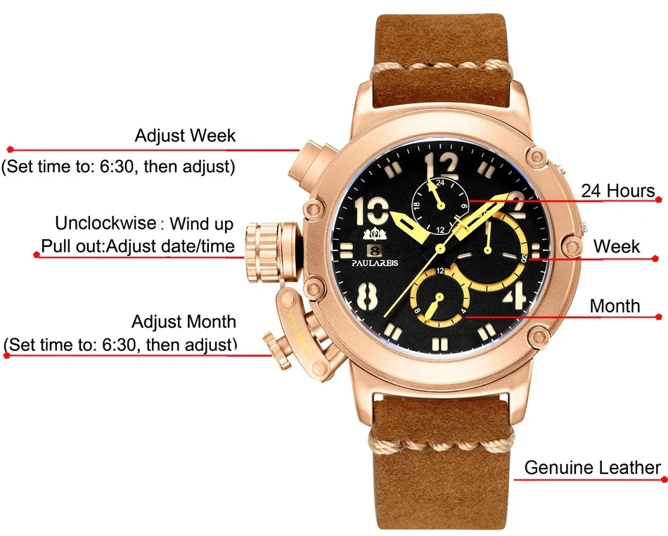 Men Automatic Self Wind Mechanical Genuine Brown Leather Multifunction Date Boat Month Luminous Limited Rose Gold Bronze U Watch