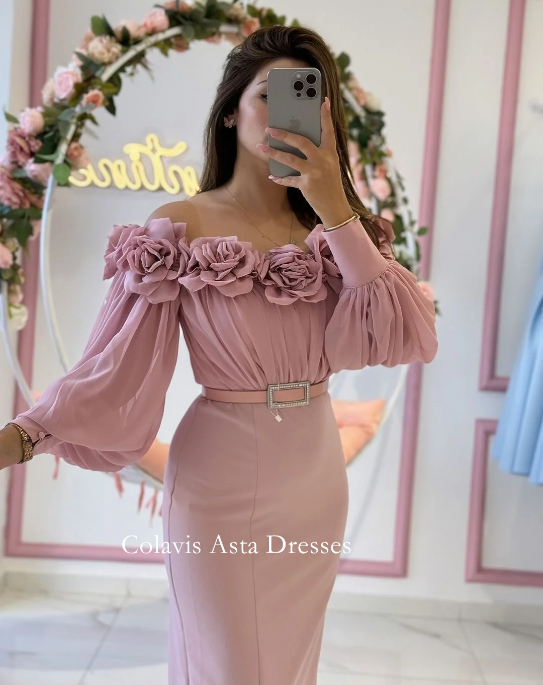 Colavis Asta Pink Mermaid Evening Dresses Crystals Formal 3D Flowers Crepe Satin Pleated Puff Sleeves Prom Gowns Party Women