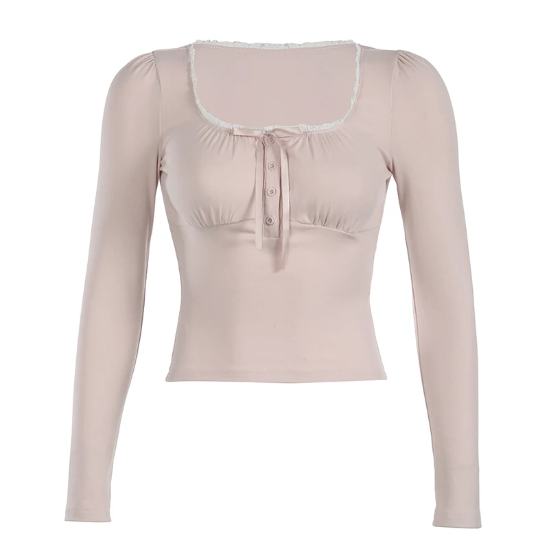 IAMHOTTY Sweet Lace-up Square Collar Top autunno primavera Basic t-shirt a maniche lunghe Coquette estetica Bow Lace Square Collar Tees