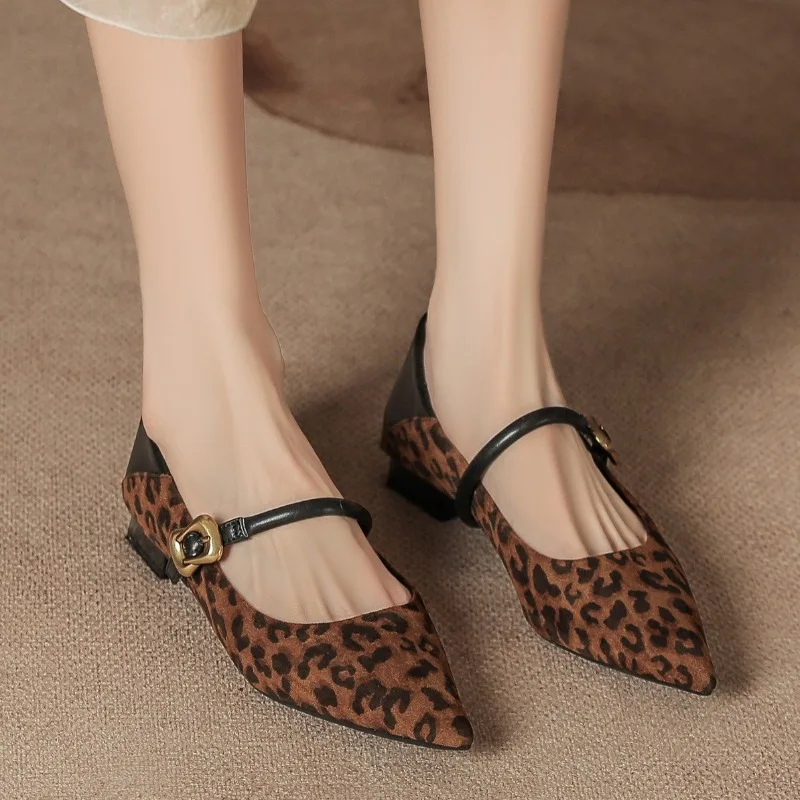 Elegant Pointed Toe Women Mary Jane Shoes Vintage Style Low Block Heel Metal Buckle Design Suede Soft Sole Ladies Pumps