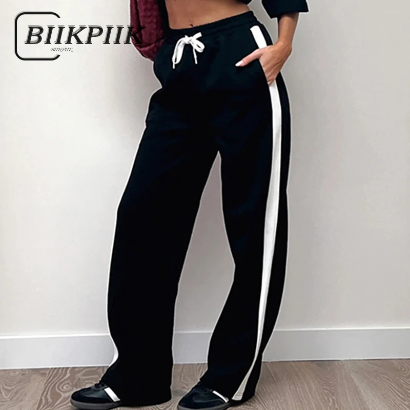 BIIKPIIK Side Striped Casual Pants for Women Contrast Color Basic Sporty Trousers Street Style All-matched Drawstring Sweatpants