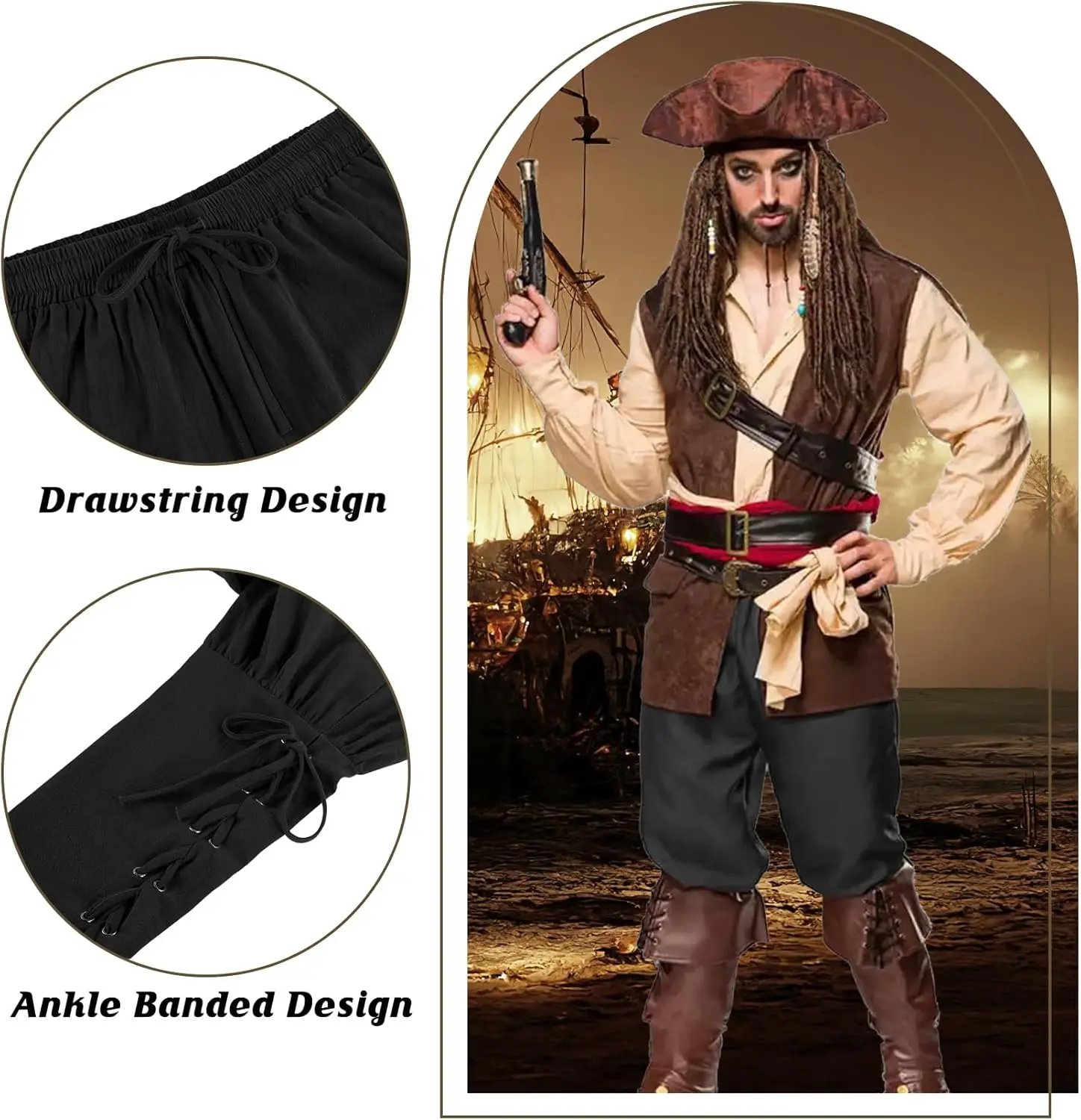القرن ستار عصر النهضة زي الرجال القراصنة السراويل القرون الوسطى رن فاير فايكنغ الاستعماري الملاح هالوين الكاحل النطاقات #3