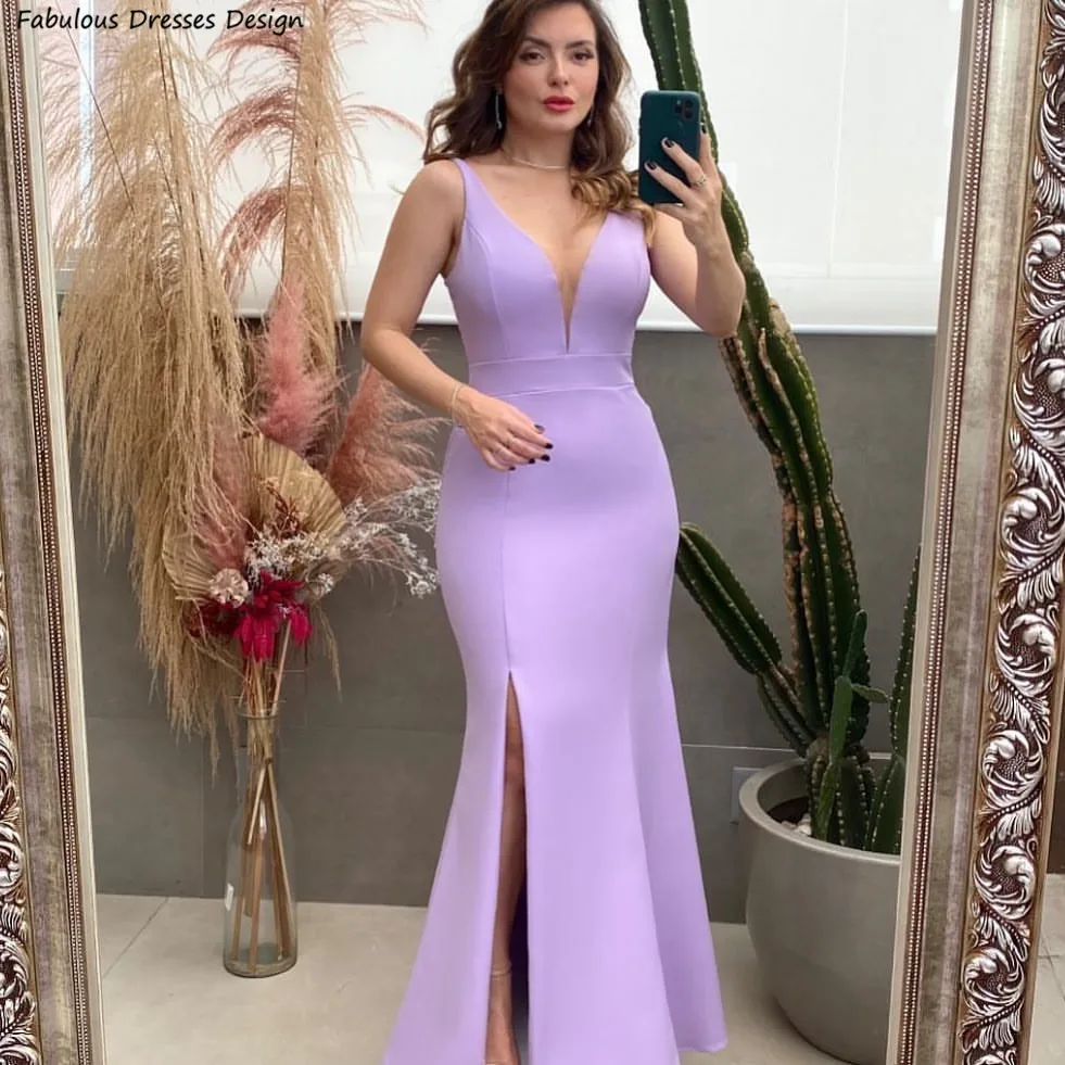 

Lavender Long Mermaid Bridesmaid Dresses With Slit V-neck Backless Women Wedding Guest Dress Spaghetti Straps Prom Party Gown
