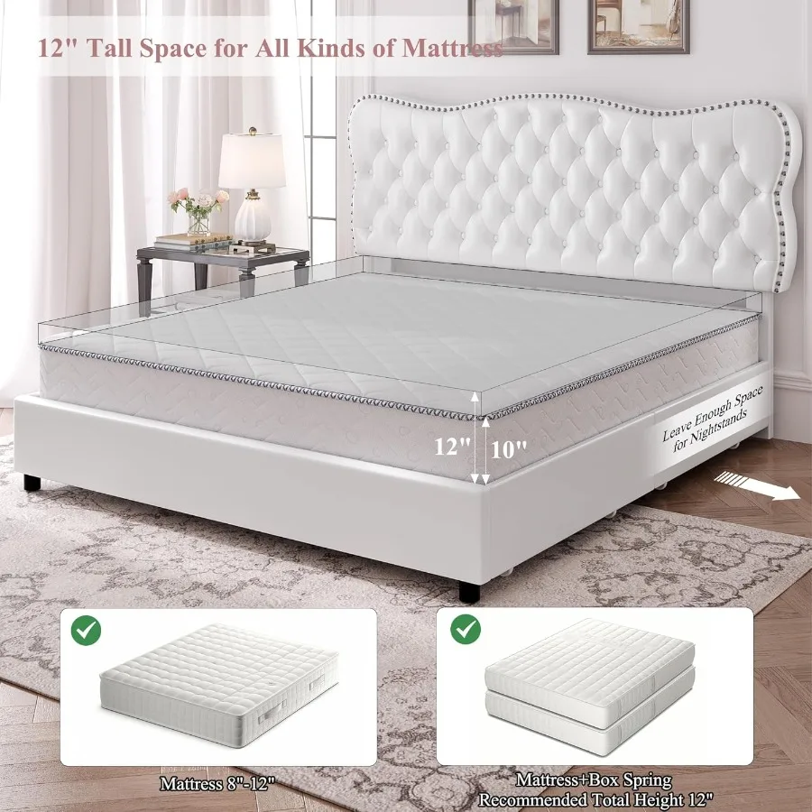 إطار سرير كامل مع 4 أدراج تخزين، إطار سرير منجد مع لوح رأسي معنقدة بزر، مرتبة شديدة التحمل #6