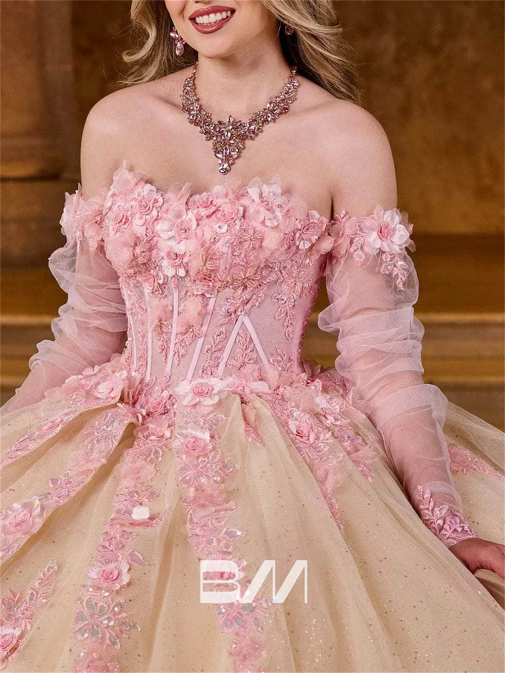 Vestido de quinceañera Floral rosa para mujer, vestido de baile con corsé sin hombros, forro champán, dulce 15 16, fiesta de cóctel, 2024