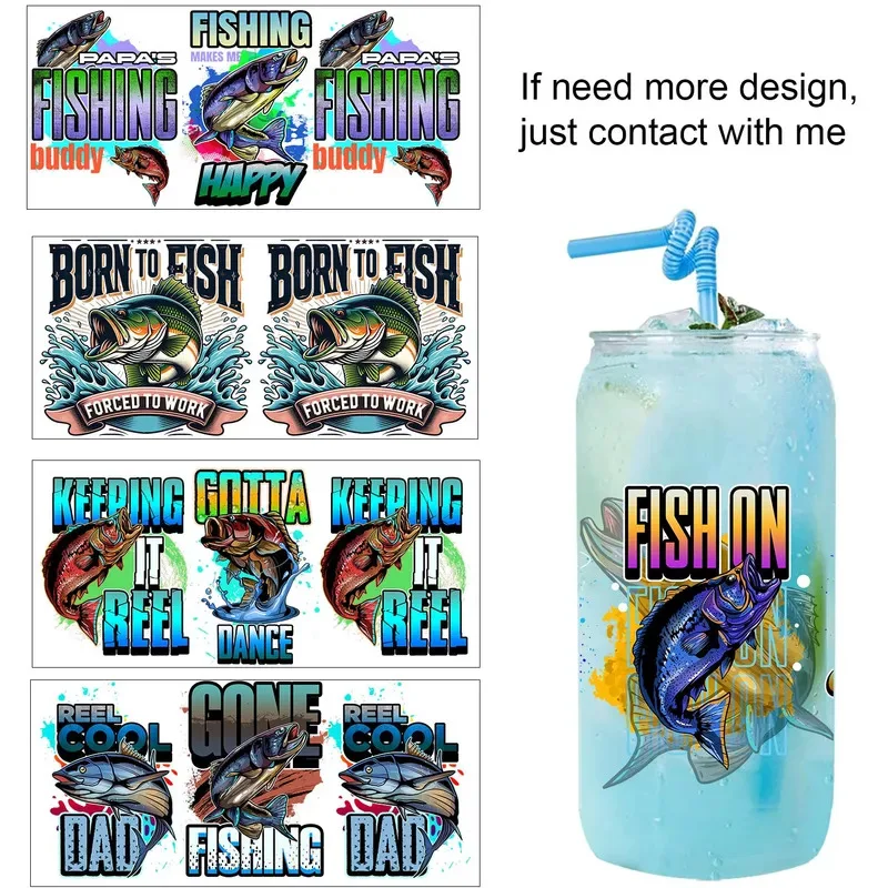 Popular Funny Outdoor fishing Artwork UV Sticker Party DIY Decals 3D transfers uvdtf tumbler seal stickers 16oz uv dtf cup wraps