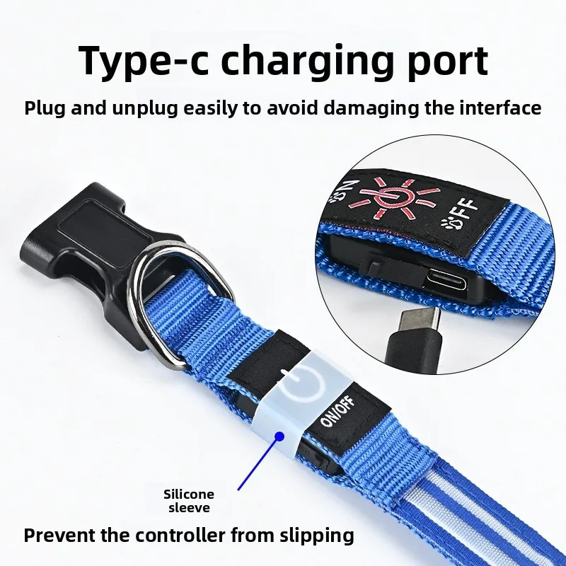 USB Rechargeable LED Dual Fiber Optic Glowing Dog Collar Night Walking Safety Reflective Pet Accessory Charging Cable Enhanced