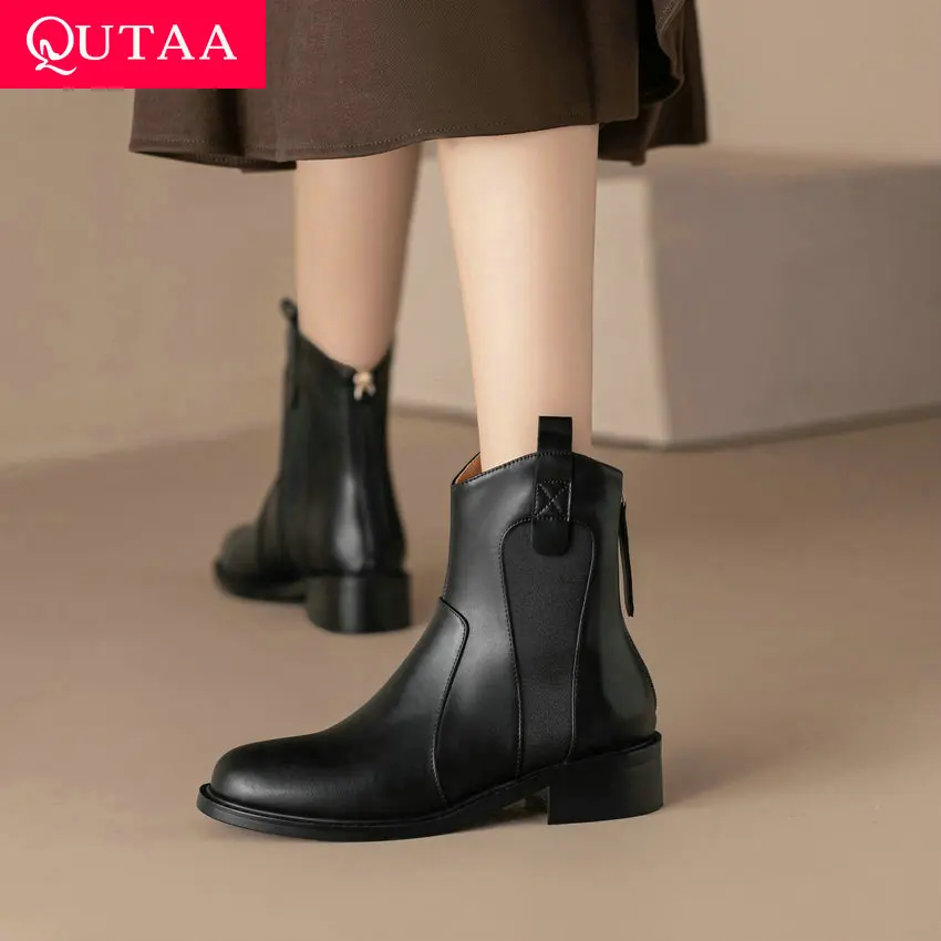 

QUTAA 2024 Round Toe Leisure Women Ankle Boots Thick Med Heels Split Leather Shoes Woman Platforms Autumn Winter Size 34-39
