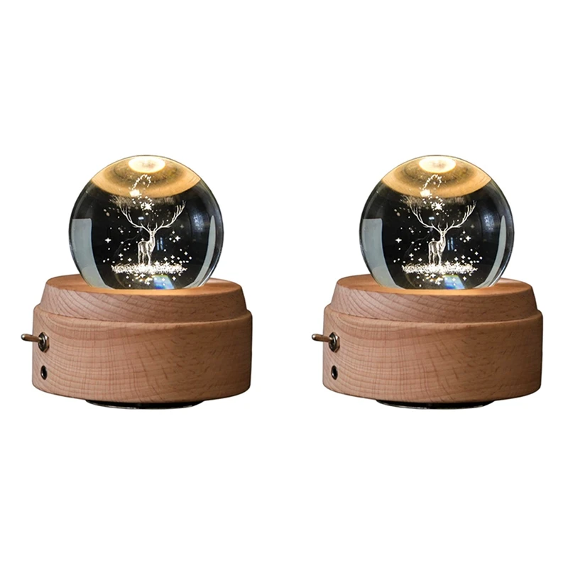 

2X 3D Crystal Ball Music Box The Deer Luminous Rotating Musical Box With Projection LED Light