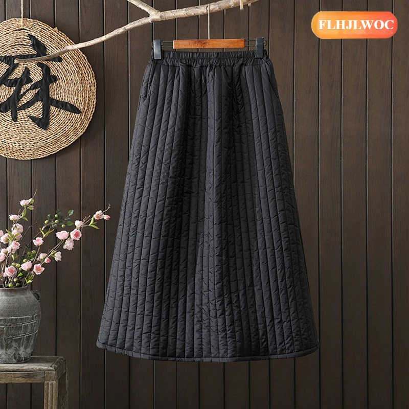 暖かい冬用スカート ホットセール 2026 FLHJLWOC ブランド 新年 女性 日本 ガールズ レトロ ヴィンテージ ポケット付き スリット入り ブラック ロング 厚手スカート