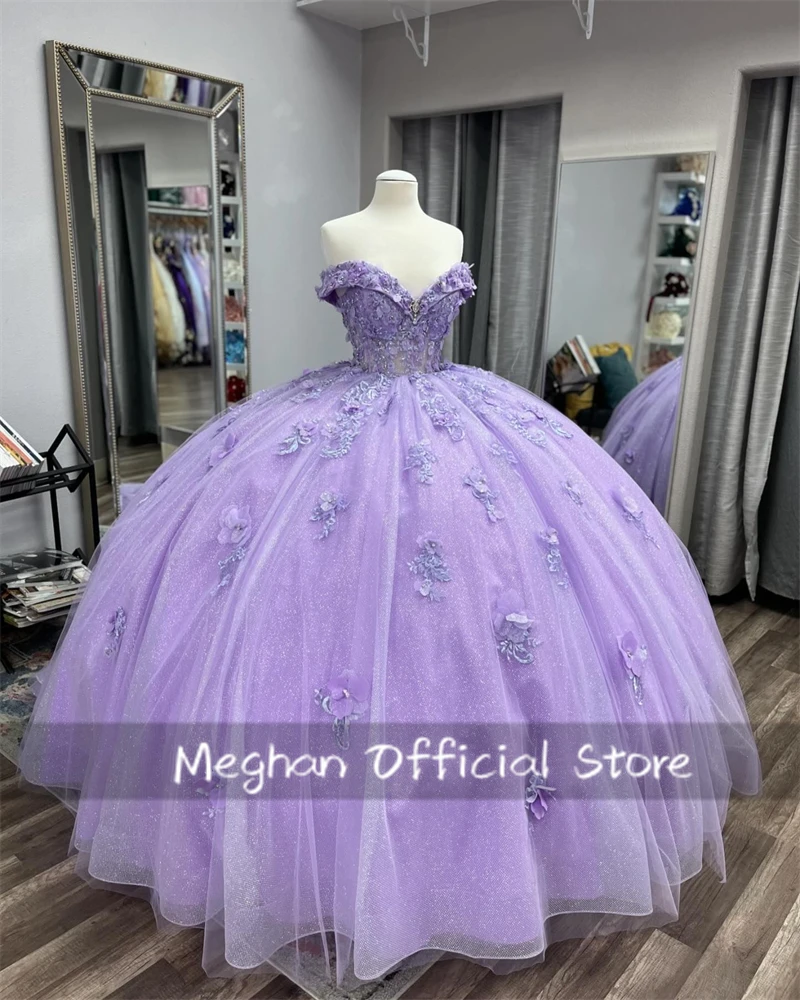 Gaun Quinceanera ungu 2025 Applique gaun Prom gaun pesta ulang tahun manik-manik bunga gaun malam manis 16 15 jubah disesuaikan