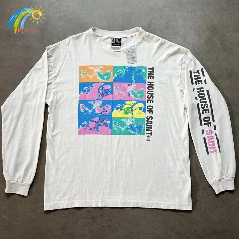 

Abstract Pattern Print The House Of Saint Long Sleeves T Shirt Men Women Casual White Oversized Base T-Shirt Top Quality Cotton