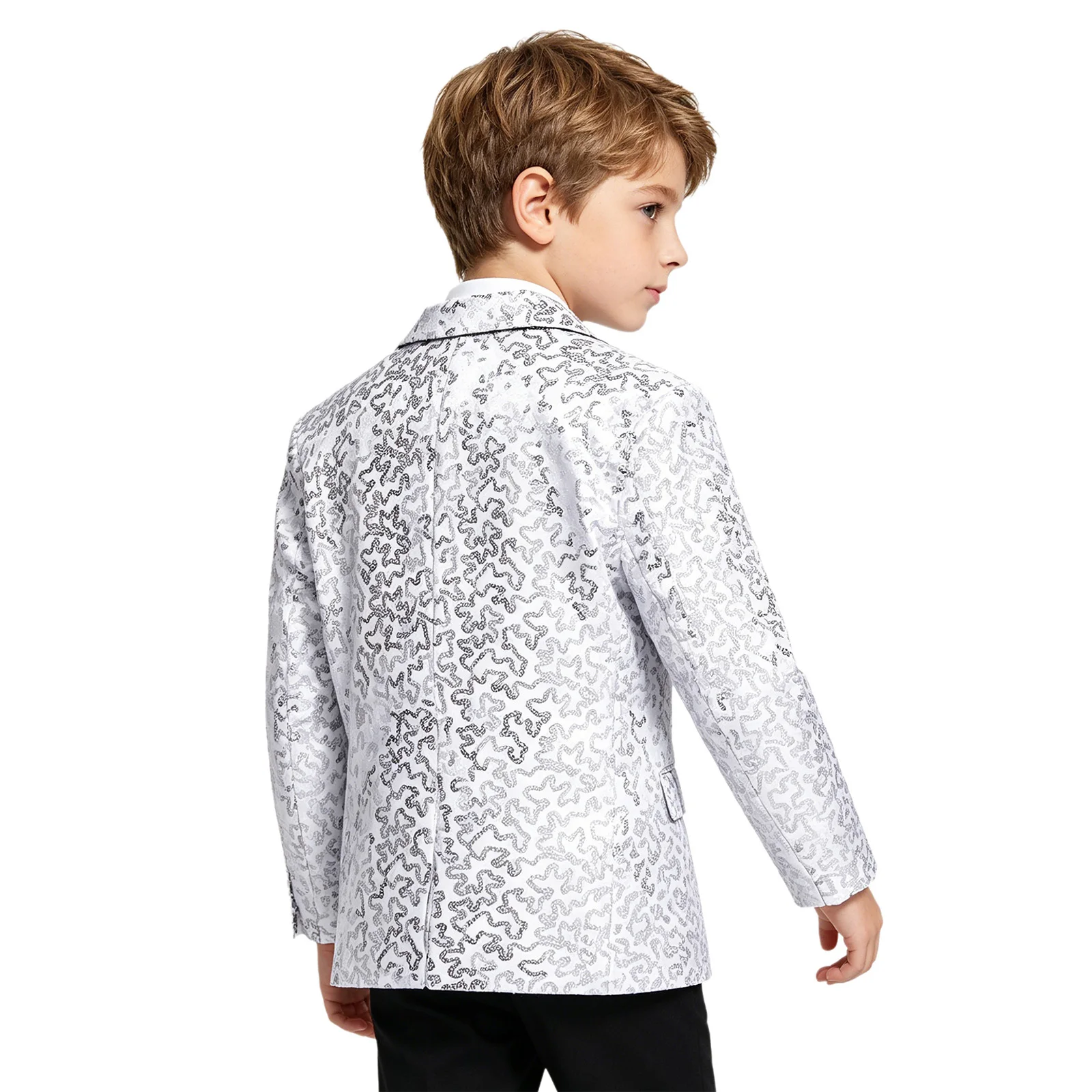 Kinder Jungen Jazz Dance Oberteile Performance Kostüm Glänzende Pailletten Glitzer Revers Einknopf-Anzugjacke Blazer Festival Smoking Jacke – Detail 8