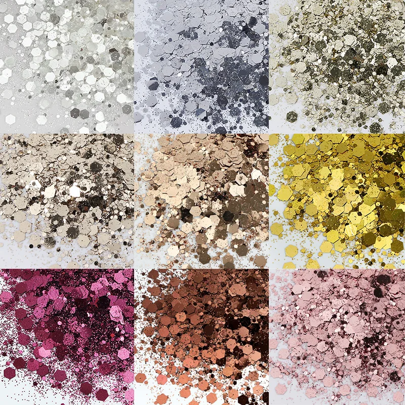 50g Bulk Holographic ผสมหกเหลี่ยมรูปร่าง Chunky เล็บ Glitter Silver Sequins เลเซอร์ Flakes สําหรับ DIY Party ตกแต่ง
