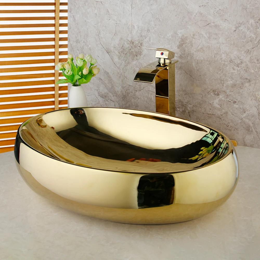 KEMAIDI Bathroom Ceramic Basin Sink Golden Plated Solid Brass Faucet Tap Set Bowl Vessel Washbasin Sink W/ Pop Drain Combo