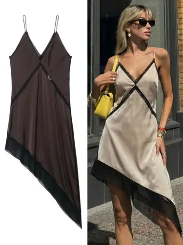 HH Primavera Verano mujeres satén asimétrico Sling Midi vestido moda Sexy cuello pico espalda descubierta sin mangas ajustado mujer fiesta vestidos de playa