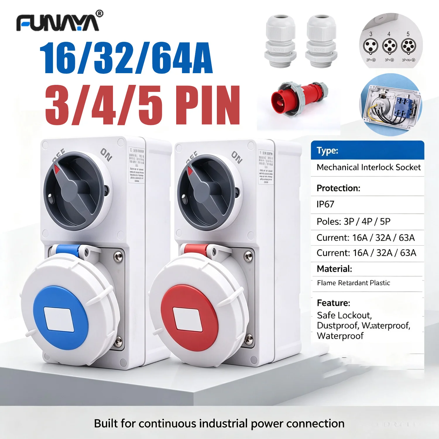 FUNAYA Aviation Waterproof Knob Socket 3/4/5 PIN 16A 32A Switch Socket Mechanical Interlocking IP66 Marine Industrial ON/OFF