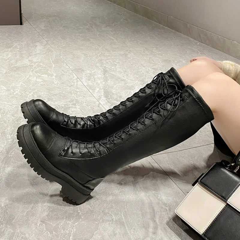 Women Punk Chunky Platform Motorcycle Boots Thick Bottom PU Leather Knee High Boots Woman Autumn Winter Black Long Botas Mujer