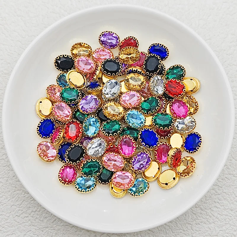 45pcs 0.31 * 0.39 inch oval sewn acrylic rhinestone 4-hole gold button, used for sewing decoration, clothing, jewelry production