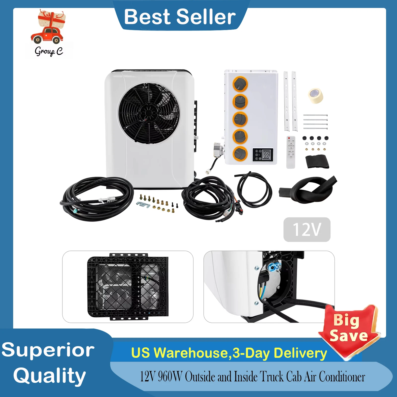 مكيف هواء كابينة شاحنة خارجي وداخل 12 فولت 960 وات طقم مكيف هواء أبيض منفصل وجهاز تحكم عن بعد للكابينة في غضون 6 ㎡ #1