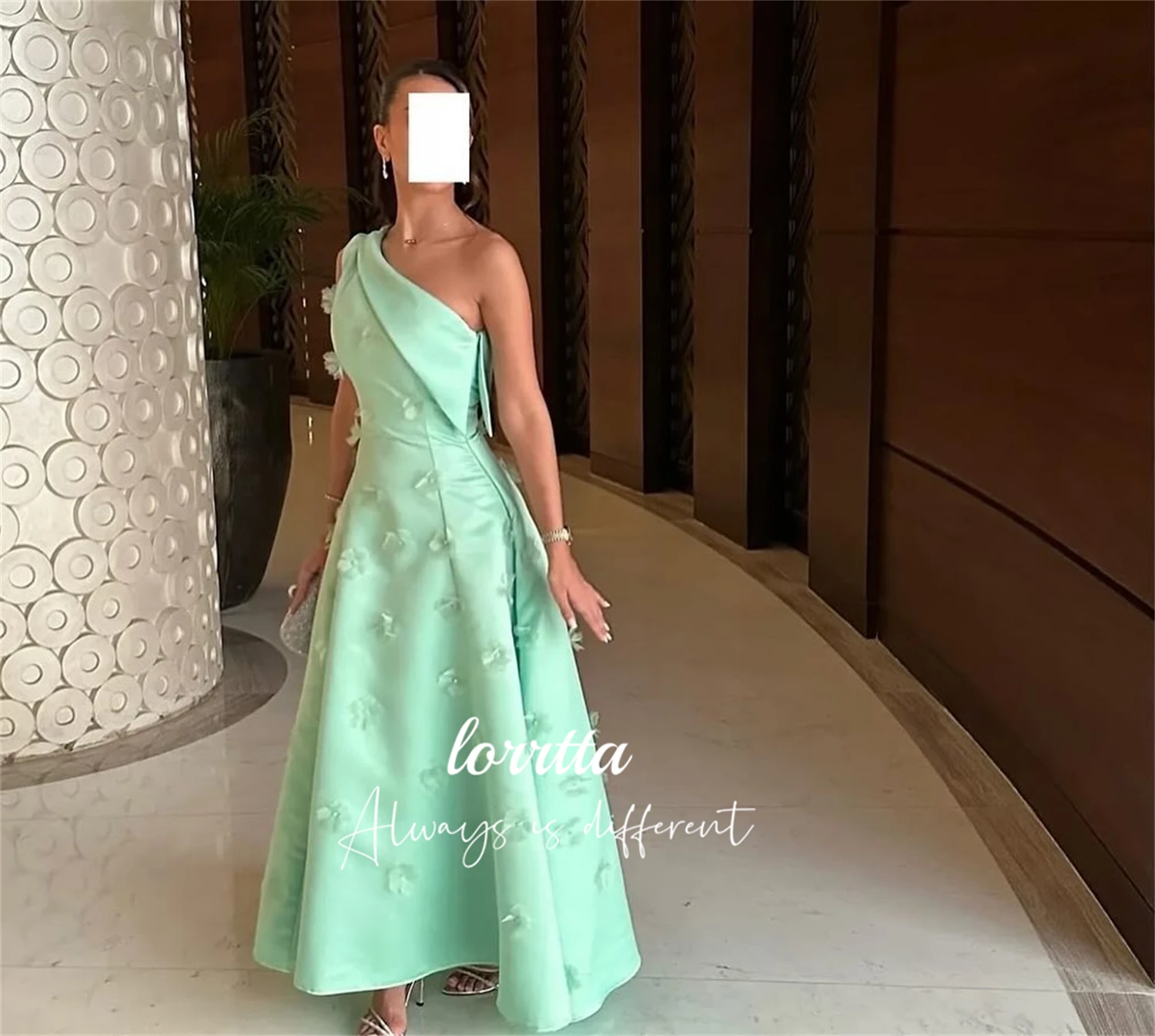 Lorrtta Flower Decoration Evening Dress Party One Shoulder Sleeve Green Formal Dresses Woman Robes De Cocktail Gala Customized