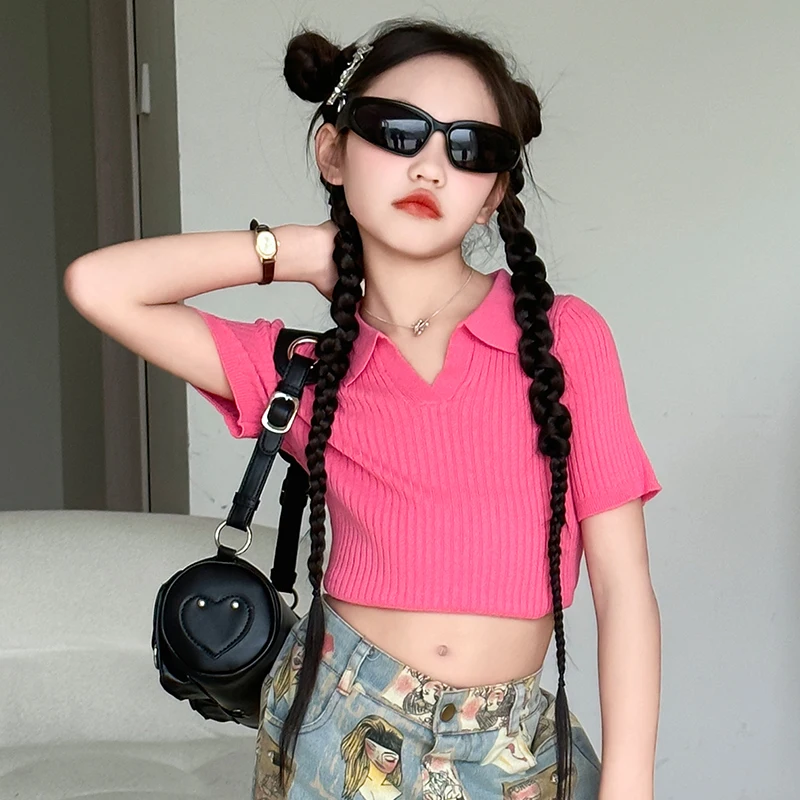 10 12 14 junior girls clothes set hot pink Ice Silk Tops+Cartoon printed wide leg jeans 2pcs teenager kids suit children outfits