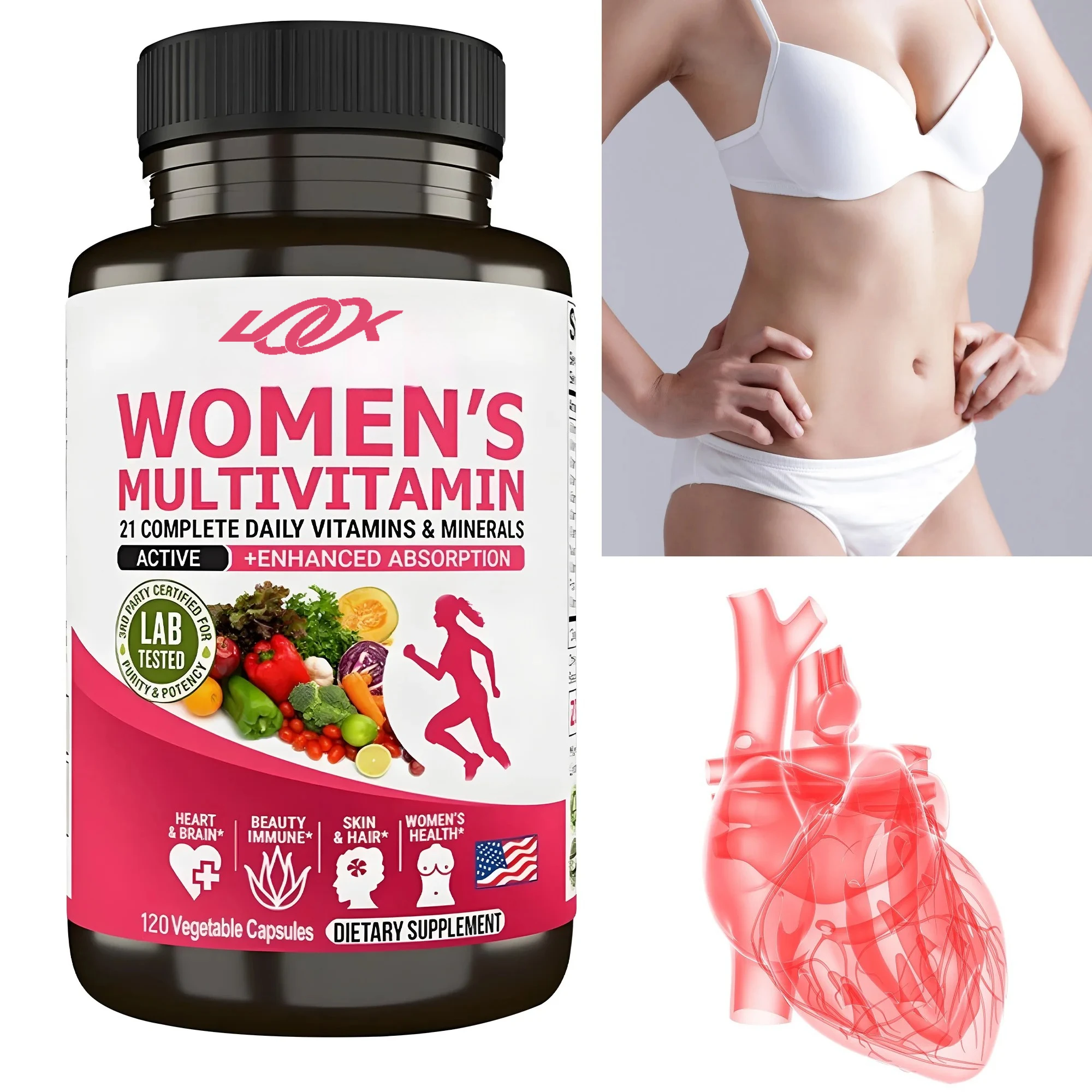 Suplemento multivitamínico y multimineral diario para mujer: antienvejecimiento, piel, inmunidad, enfoque, energía, corazón, articulaciones, huesos