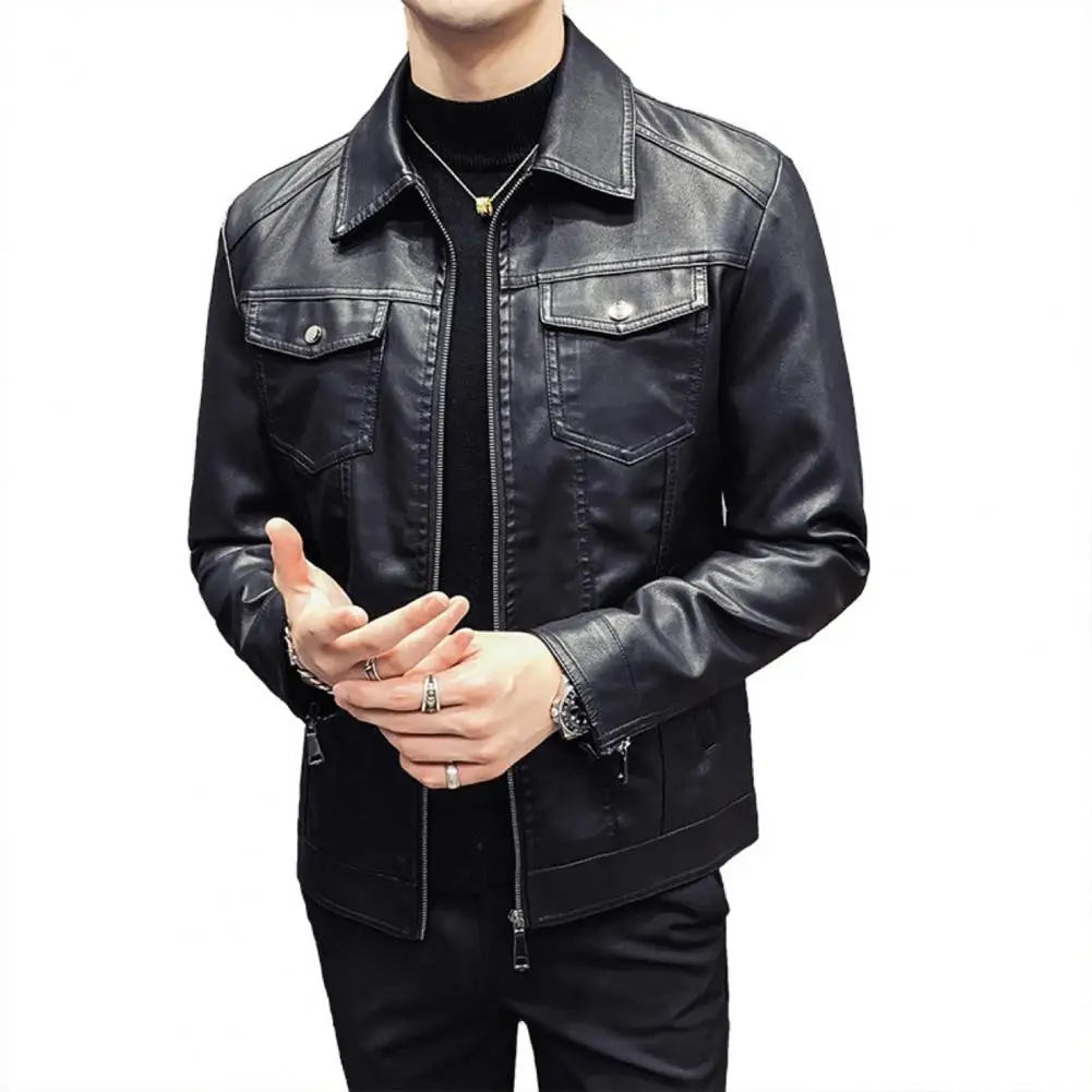 

Winter Fashion Warmth Thickened Leather Jacket Lapel Solid Zipper Design Plus Size 3XL-M Bomber Coat Men's Leather Jacket