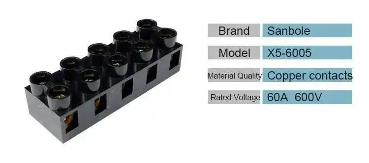 5Pcs Fixed Terminal Block 60A 5P Brass Conductor Black X5-6005 JX5-6005 Screw Connection For Wiring Connector Base