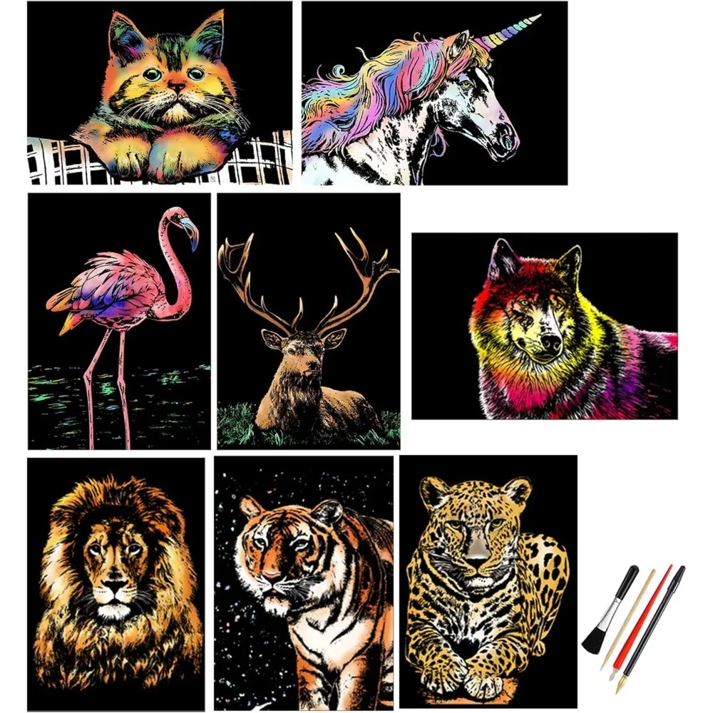 

Adult and children's scratch art, 8 A4 rainbow scratch paper crafts, night scene scratch
