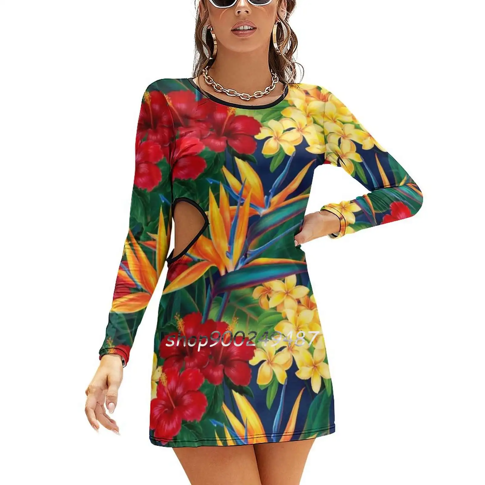 Tropical Paradise Hawaiian Birds Of Paradise Illustration Elegant Party Women Dress Slim V Neck Long Sleeve Dress Casual