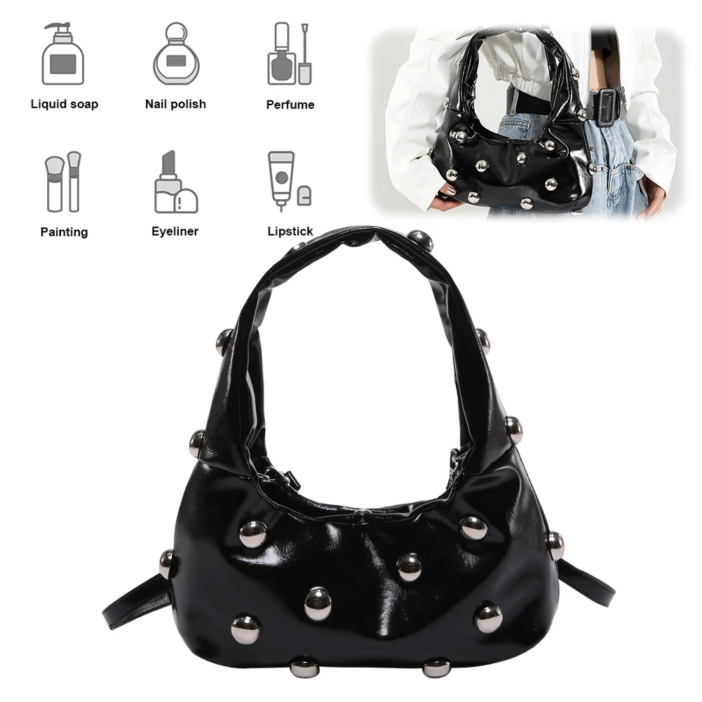 

Women PU Rivet Shoulder Bag Stylish Crossbody Bag Solid Color Trendy Underarm Bag Punk Style Satchel Purse Outdoor Travel Bag