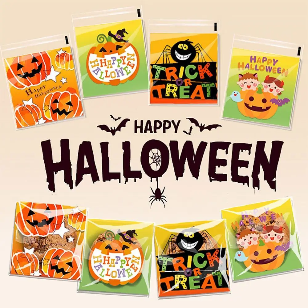 100PCS Mixed Pattern Halloween Candy Bags 10*10cm+3cm OPP Baking Wrap Bag Transparent Cellophane Self-sealing Sugar Cookies Bag