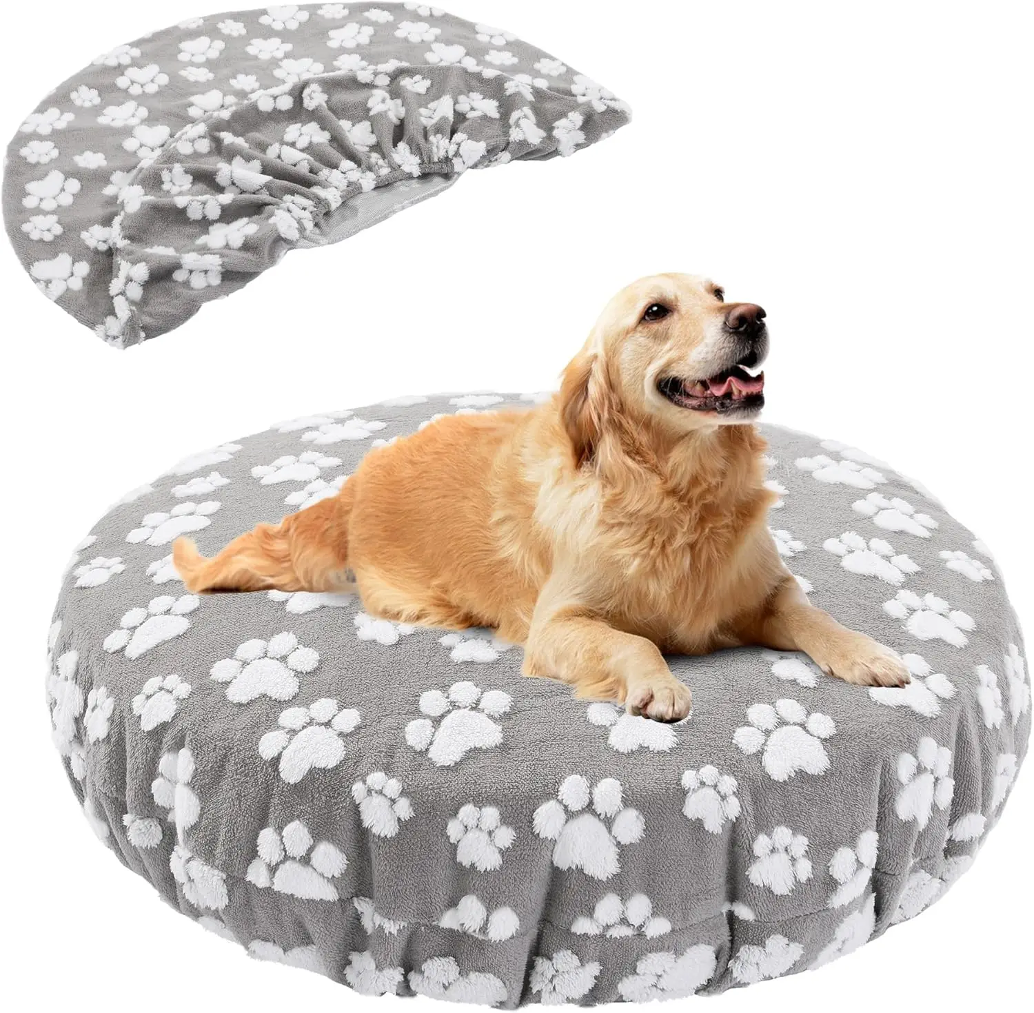 

Washable Round Waterproof Pet Bed Cover with Paw Print, Soft and Durable, Elastic Fit for Easy Care (Gray, 45x45x11in)