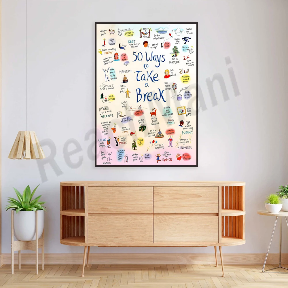 50 ways to rest prints - take a bath, listen to music, go to the water, look at the stars wall bedroom home decor poster