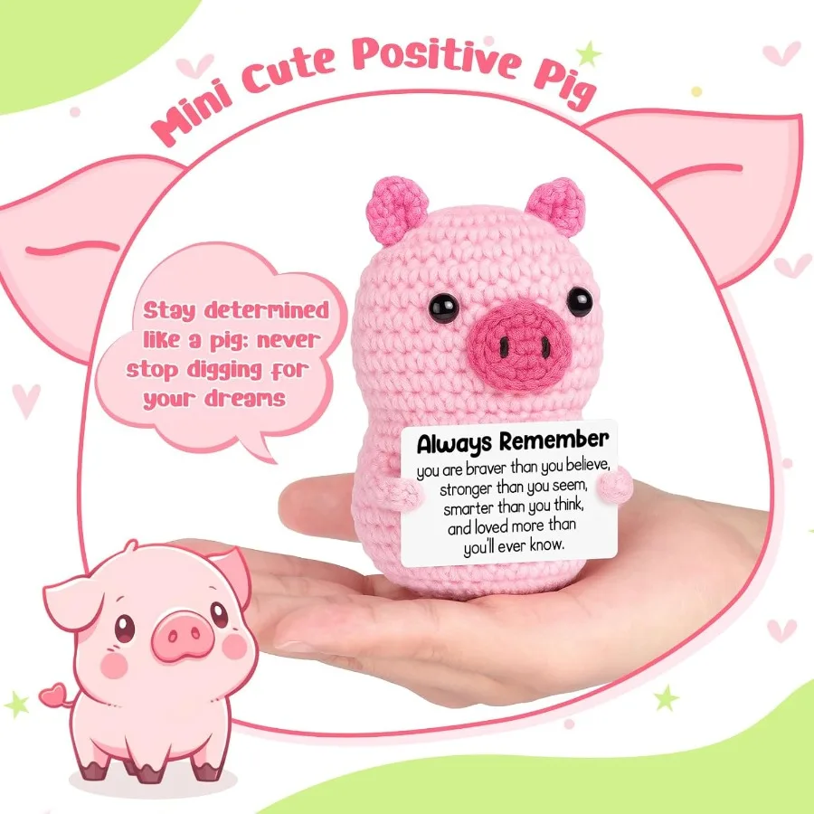 Positive Crochet Pink Pig Mini Funny Handmade Crochet Pig Emotional Inspirational Cheer Up for Women Teen Friend Coworker Chri