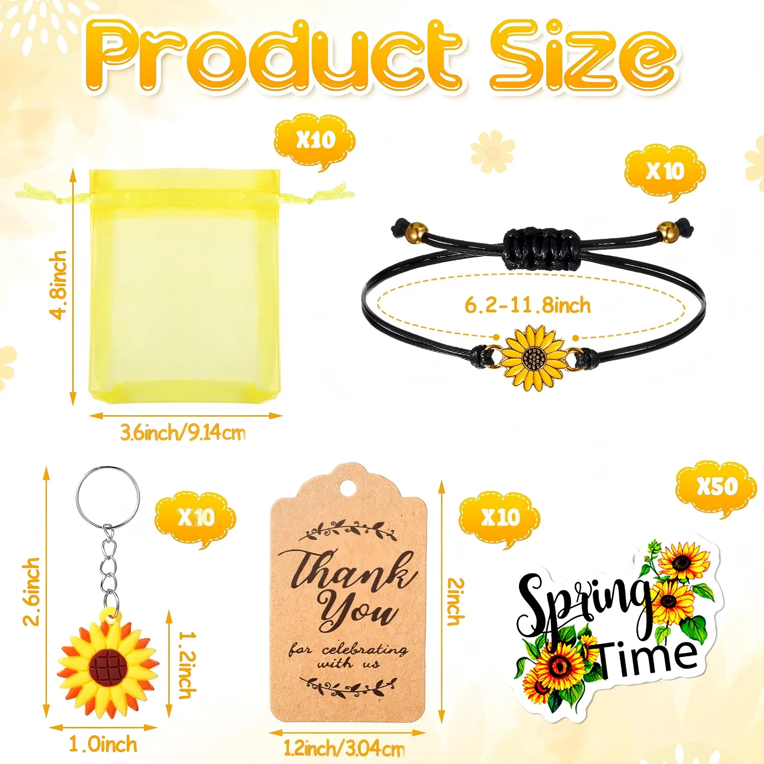 90pcs/10set Sunflower Party Gifts: Sunflower Keychains, Adjustable Sunflower Bracelets, PVC Sunflower Stickers, Thank-You Kraft