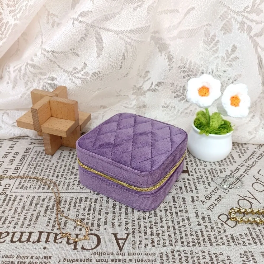 

Портативная бархатная шкатулка для украшений с ромбовидным узором, на молнии, органайзер для хранения ювелирных изделий, футляр для хранения украшений