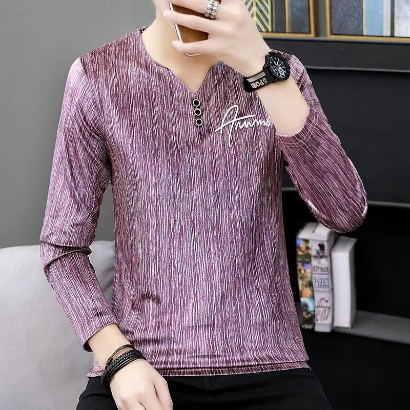 Fashion V-Neck Spliced Button Letter Long Sleeve Tee Shirt Men's Clothing 2023 Autumn New Casual Pullovers All-match T-Shirt